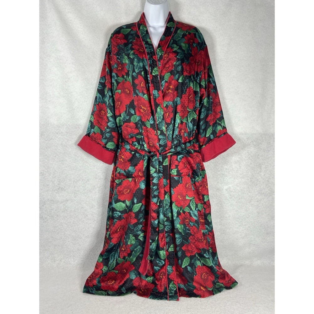 Vintage Victoria's Secret Gold Label Robe P/S Green Red Floral Satin Terry